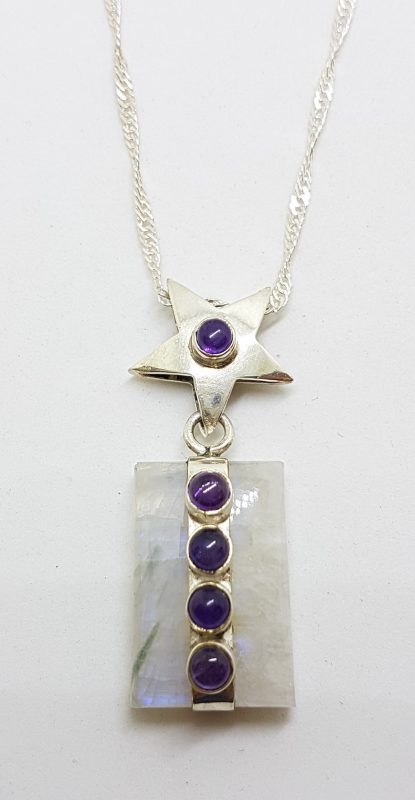 Sterling Silver Large Moonstone &amp; Amethyst Pendant on Silver Chain - Star