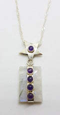 Sterling Silver Large Moonstone &amp; Amethyst Pendant on Silver Chain - Star