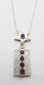 Sterling Silver Large Moonstone &amp; Amethyst Pendant on Silver Chain - Star