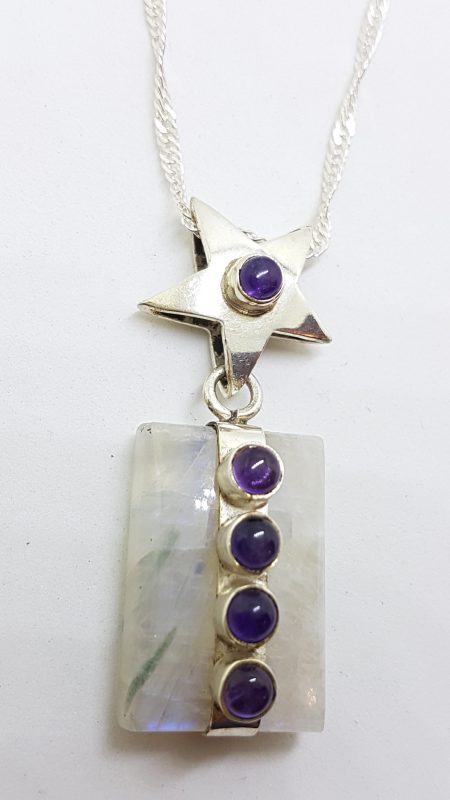 Sterling Silver Large Moonstone &amp; Amethyst Pendant on Silver Chain - Star