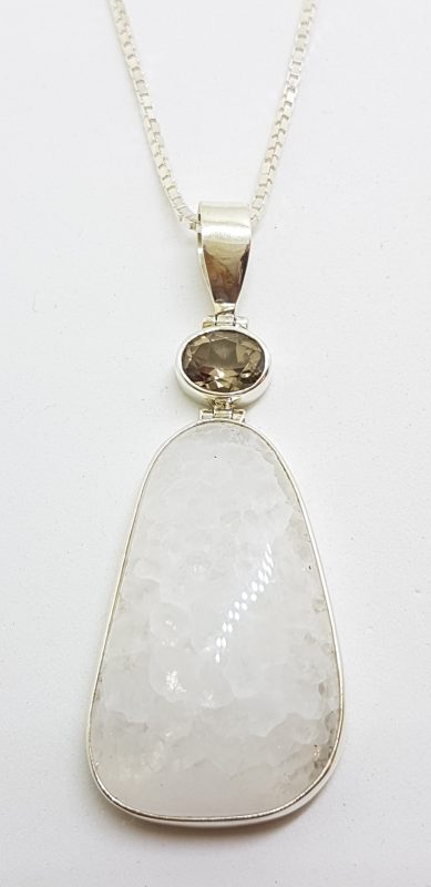 Sterling Silver Large Moonstone &amp; Smokey Quartz Pendant on Silver Chain