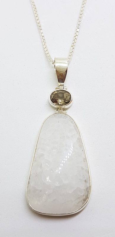 Sterling Silver Large Moonstone &amp; Smokey Quartz Pendant on Silver Chain