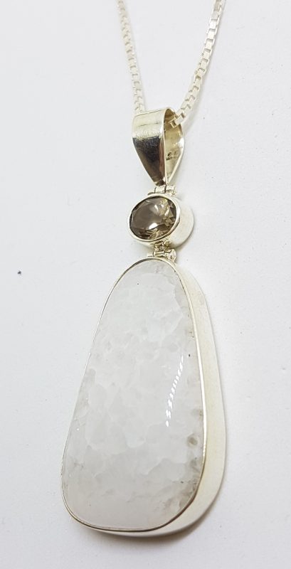 Sterling Silver Large Moonstone &amp; Smokey Quartz Pendant on Silver Chain