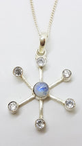 Sterling Silver Moonstone &amp; Clear Crystal Quartz Pendant on Silver Chain