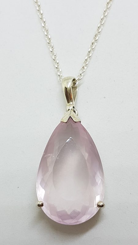 Sterling Silver Large Teardrop Shape Faceted Rose Quartz Pendant on Silver Chain