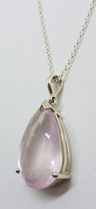 Sterling Silver Large Teardrop Shape Faceted Rose Quartz Pendant on Silver Chain