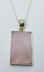 Sterling Silver Rectangular Bezel Set Rose Quartz Pendant on Silver Chain