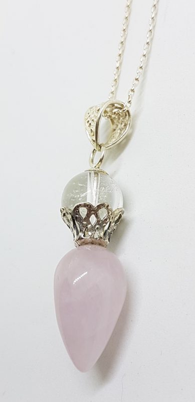 Sterling Silver Pendulum Shape Rose Quartz with Clear Quartz Pendant on Sterling Silver Chain