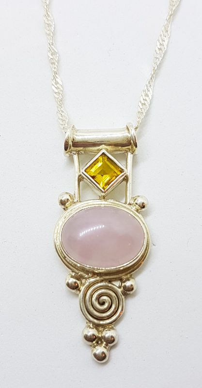 Sterling Silver Cabochon Cut Rose Quartz with Citrine Ornate Pendant on Chain
