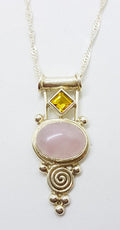 Sterling Silver Cabochon Cut Rose Quartz with Citrine Ornate Pendant on Chain