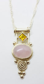 Sterling Silver Cabochon Cut Rose Quartz with Citrine Ornate Pendant on Chain