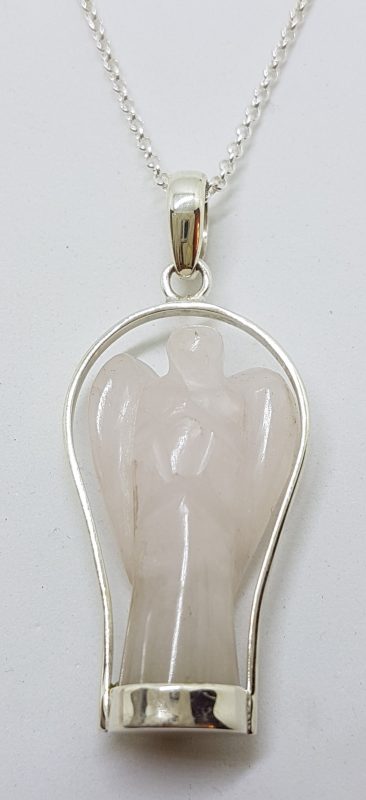 Sterling Silver Rose Quartz Carved Angel Pendant on Silver Chain