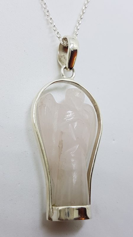 Sterling Silver Rose Quartz Carved Angel Pendant on Silver Chain