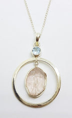 Sterling Silver Rough Cut Rose Quartz with Topaz Large Round Drop Pendant on Silver Chain