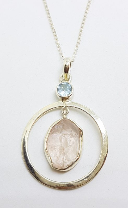 Sterling Silver Rough Cut Rose Quartz with Topaz Large Round Drop Pendant on Silver Chain