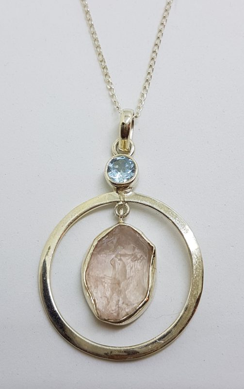 Sterling Silver Rough Cut Rose Quartz with Topaz Large Round Drop Pendant on Silver Chain