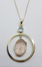 Sterling Silver Rough Cut Rose Quartz with Topaz Large Round Drop Pendant on Silver Chain