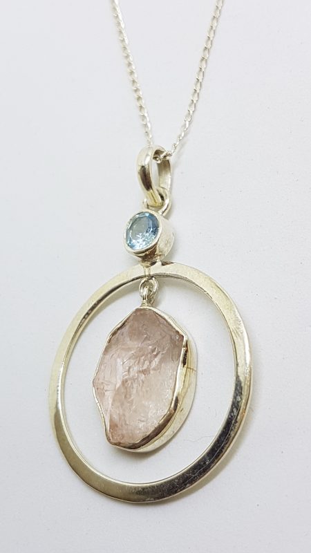 Sterling Silver Rough Cut Rose Quartz with Topaz Large Round Drop Pendant on Silver Chain