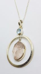 Sterling Silver Rough Cut Rose Quartz with Topaz Large Round Drop Pendant on Silver Chain