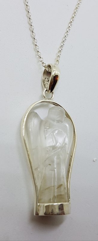 Sterling Silver Clear Crystal Quartz Carved Angel Pendant on Silver Chain