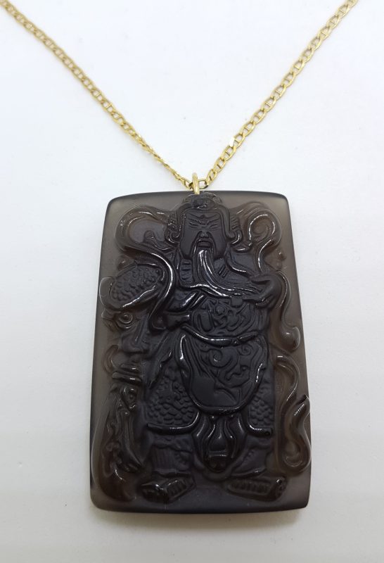 9ct Yellow Gold Large Rectangular Black Obsidian Buddha Pendant on Gold Chain