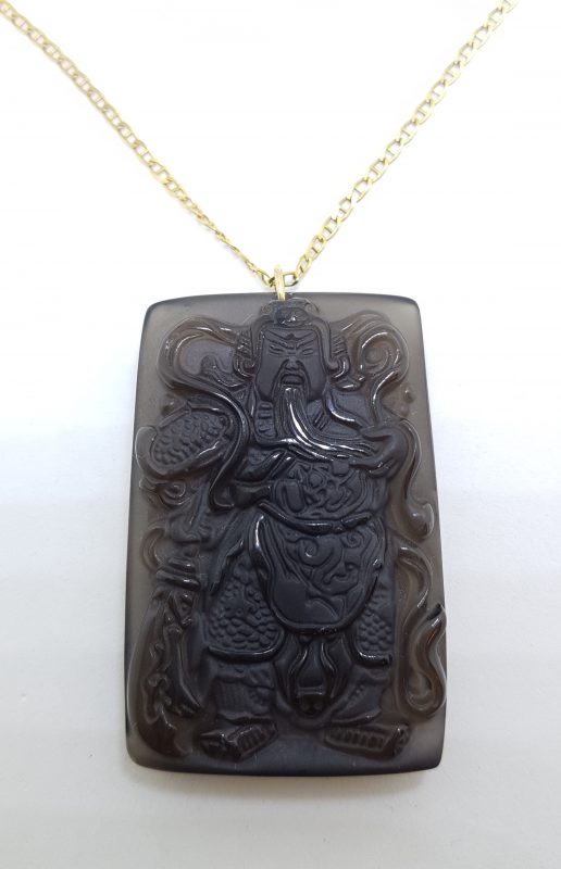 9ct Yellow Gold Large Rectangular Black Obsidian Buddha Pendant on Gold Chain