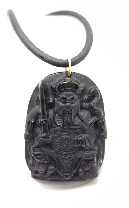 9ct Yellow Gold Large Black Obsidian Buddha Pendant on Gold Clasped Neoprene Chain