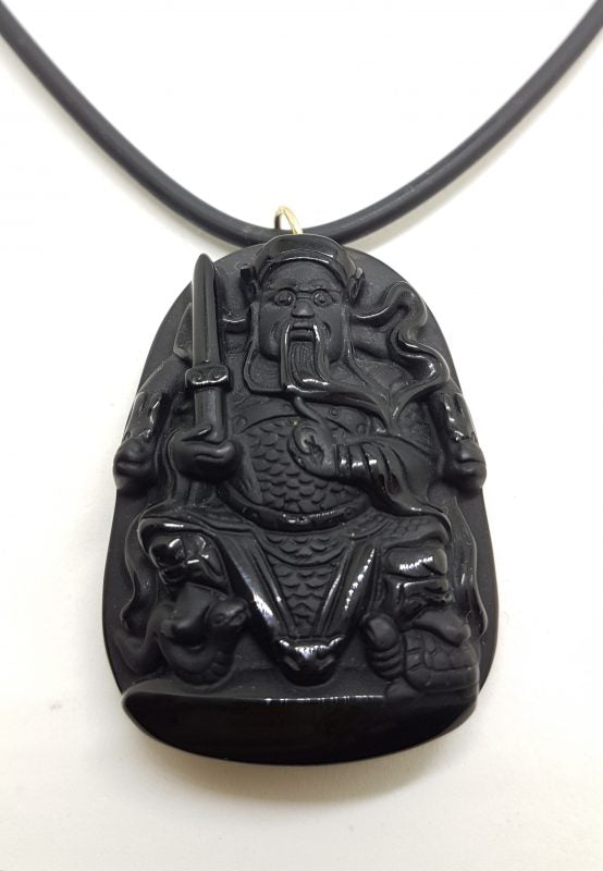 9ct Yellow Gold Large Black Obsidian Buddha Pendant on Gold Clasped Neoprene Chain