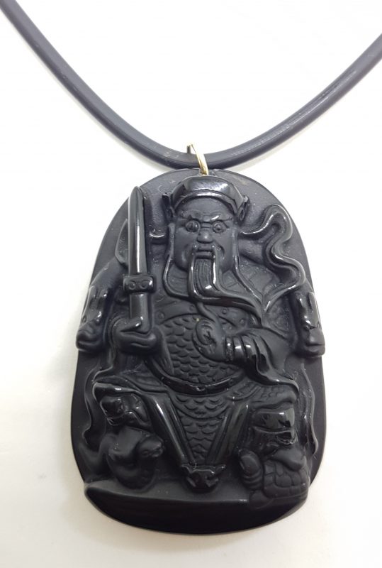 9ct Yellow Gold Large Black Obsidian Buddha Pendant on Gold Clasped Neoprene Chain