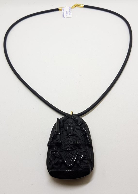 9ct Yellow Gold Large Black Obsidian Buddha Pendant on Gold Clasped Neoprene Chain