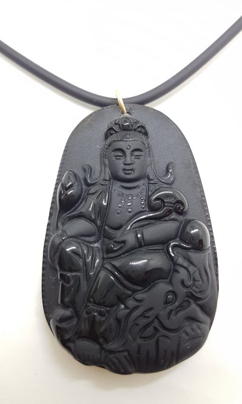 9ct Yellow Gold Large Black Obsidian Buddha/Goddess Pendant on Gold Clasped Neoprene Chain