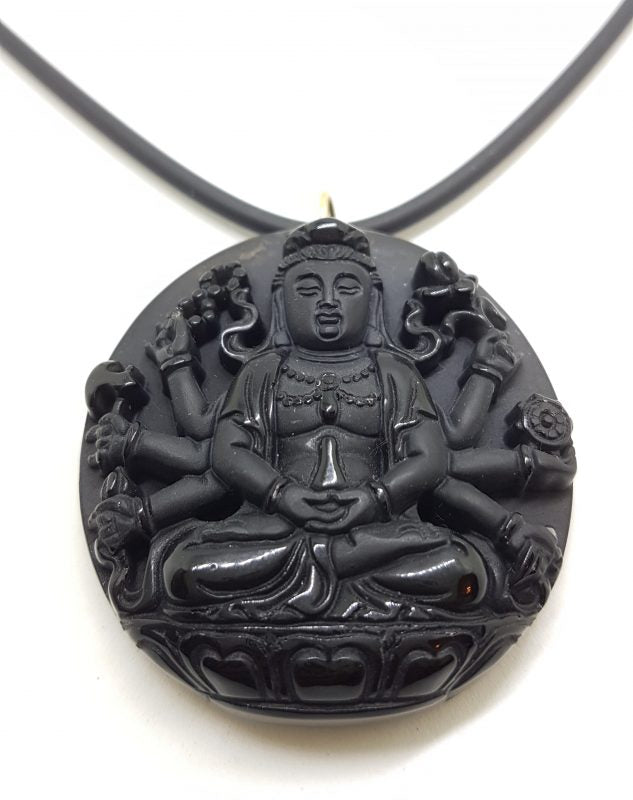 9ct Yellow Gold Large Black Obsidian Durga Goddess Pendant on Gold Clasped Neoprene Chain
