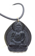9ct Yellow Gold Large Black Obsidian Buddha/Goddess Pendant on Gold Clasped Neoprene Chain