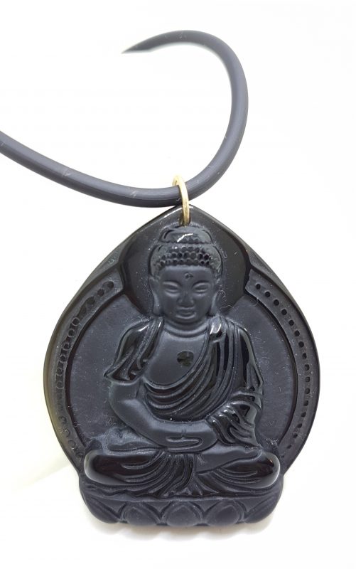 9ct Yellow Gold Large Black Obsidian Buddha/Goddess Pendant on Gold Clasped Neoprene Chain