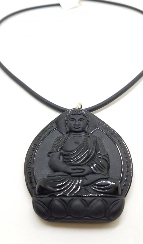 9ct Yellow Gold Large Black Obsidian Buddha/Goddess Pendant on Gold Clasped Neoprene Chain