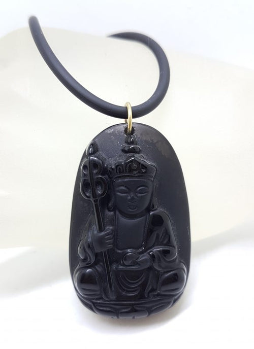 9ct Yellow Gold Large Black Obsidian Pendant on Gold Clasped Neoprene Chain