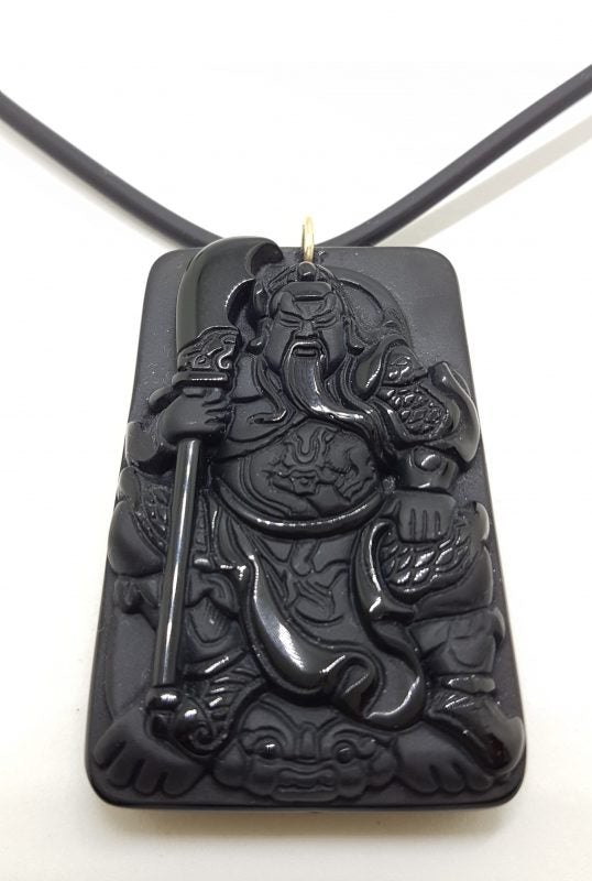 9ct Yellow Gold Large Rectangular Black Obsidian Pendant on Gold Clasped Neoprene Chain