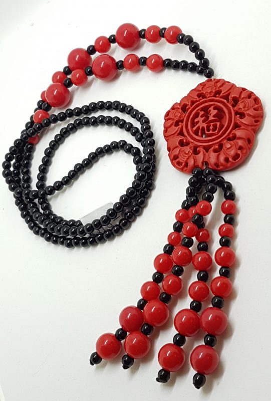 Cinnabar & Black Ornate Long Tassel Necklace