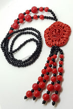 Cinnabar & Black Ornate Long Tassel Necklace