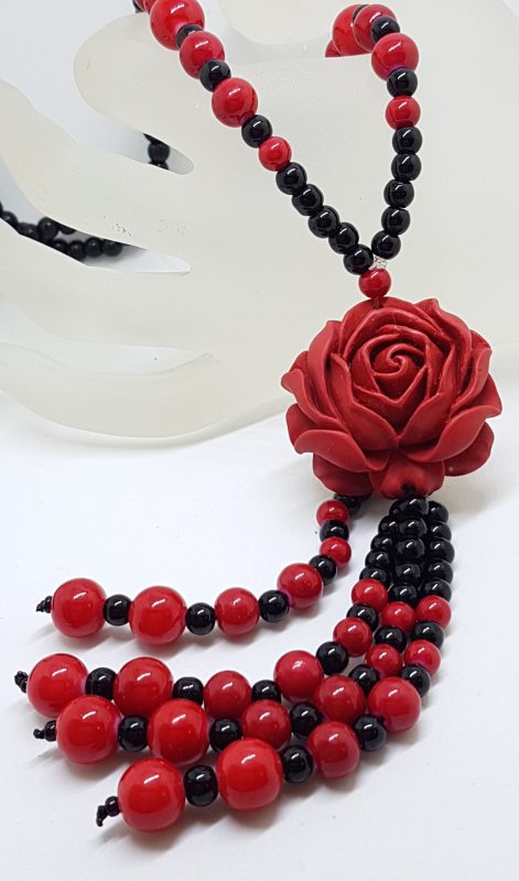 Cinnabar & Black Large Rose Long Tassel Necklace