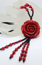 Cinnabar & Black Large Rose Long Tassel Necklace