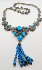 Stunning Sterling Silver Large and Long Reconstituted Turquoise and Marcasite Ornate Collier Drop Necklace / Chain
