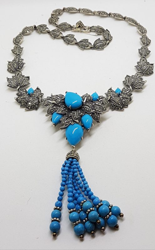 Stunning Sterling Silver Large and Long Reconstituted Turquoise and Marcasite Ornate Collier Drop Necklace / Chain