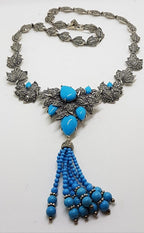 Stunning Sterling Silver Large and Long Reconstituted Turquoise and Marcasite Ornate Collier Drop Necklace / Chain
