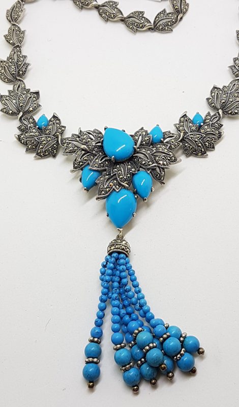 Stunning Sterling Silver Large and Long Reconstituted Turquoise and Marcasite Ornate Collier Drop Necklace / Chain