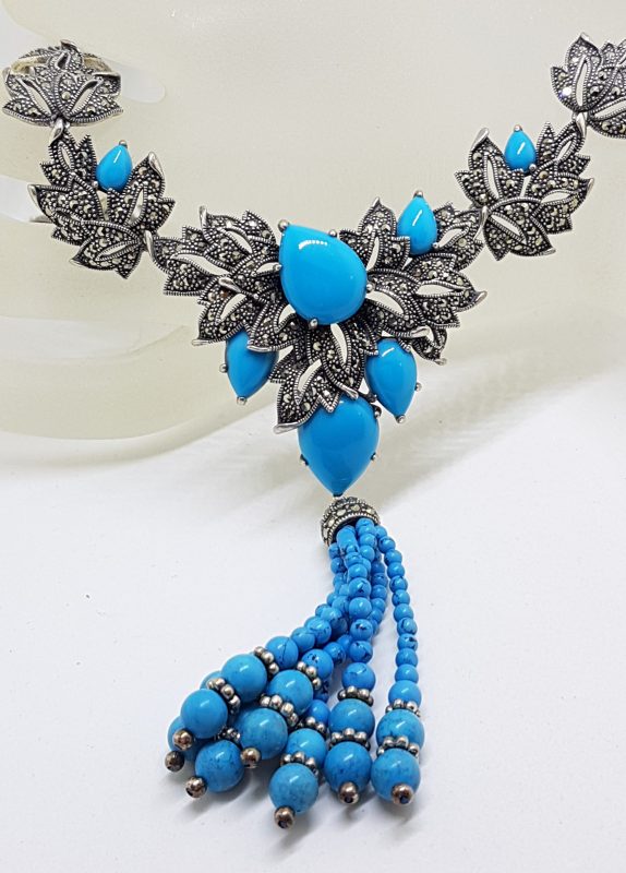 Stunning Sterling Silver Large and Long Reconstituted Turquoise and Marcasite Ornate Collier Drop Necklace / Chain