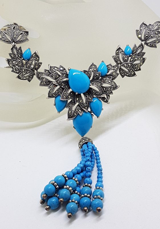 Stunning Sterling Silver Large and Long Reconstituted Turquoise and Marcasite Ornate Collier Drop Necklace / Chain