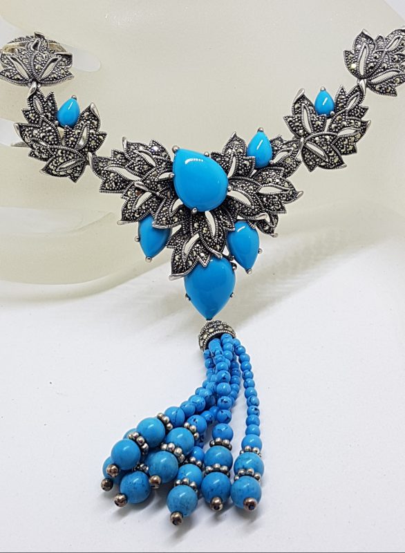 Stunning Sterling Silver Large and Long Reconstituted Turquoise and Marcasite Ornate Collier Drop Necklace / Chain