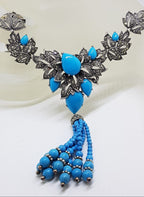 Stunning Sterling Silver Large and Long Reconstituted Turquoise and Marcasite Ornate Collier Drop Necklace / Chain