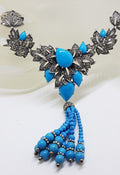 Stunning Sterling Silver Large and Long Reconstituted Turquoise and Marcasite Ornate Collier Drop Necklace / Chain